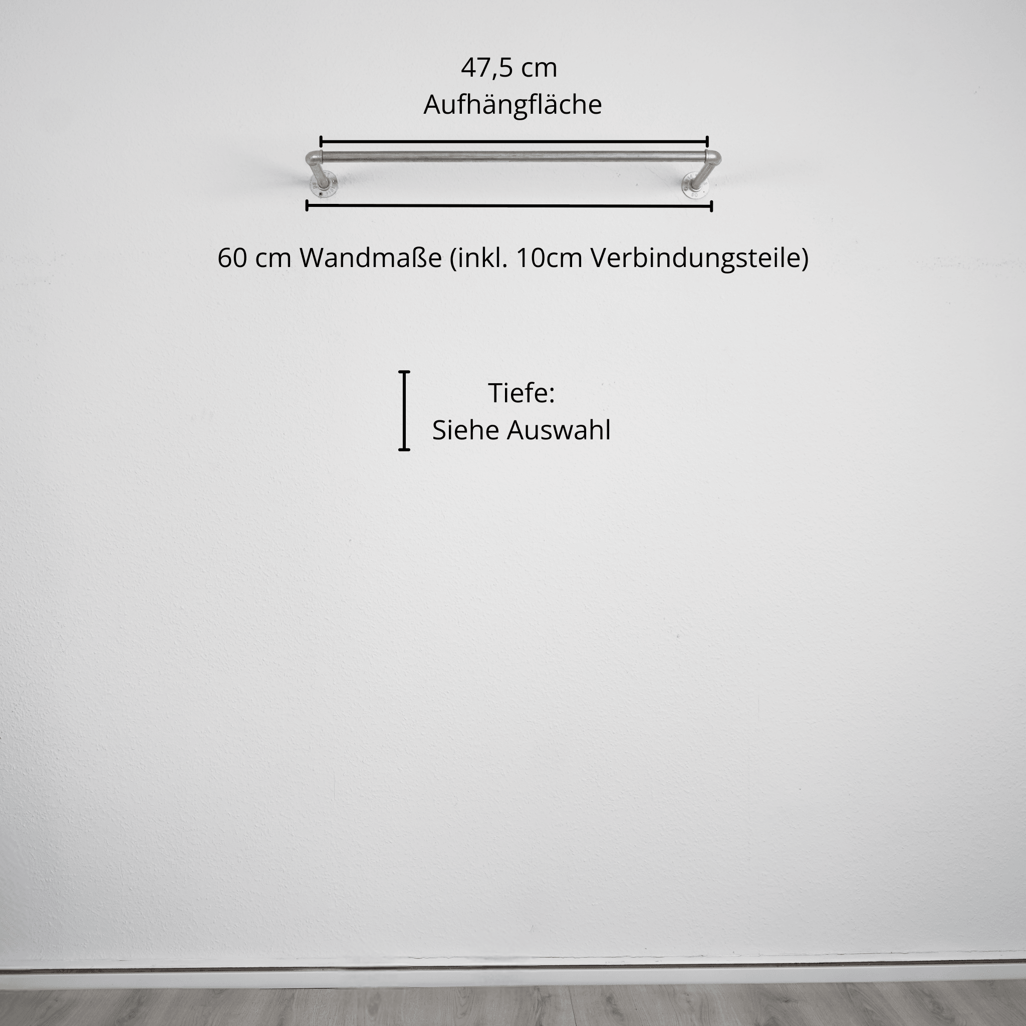 Kleiderstange wandmontiert silber- Modell Kaspar - Maßebild 60cm Breite|||50937761464584,50937761497352,50937761530120,50937761562888