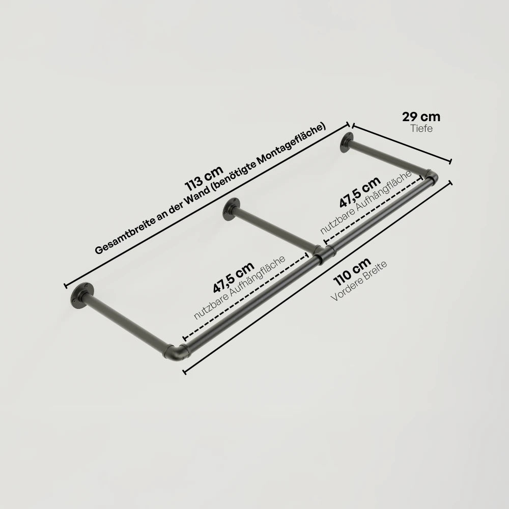Kleiderstange wandmontiert schwarz - Modell Kaspar Double - Maßebild 113cm Breite|||44919871078664,50881534361864