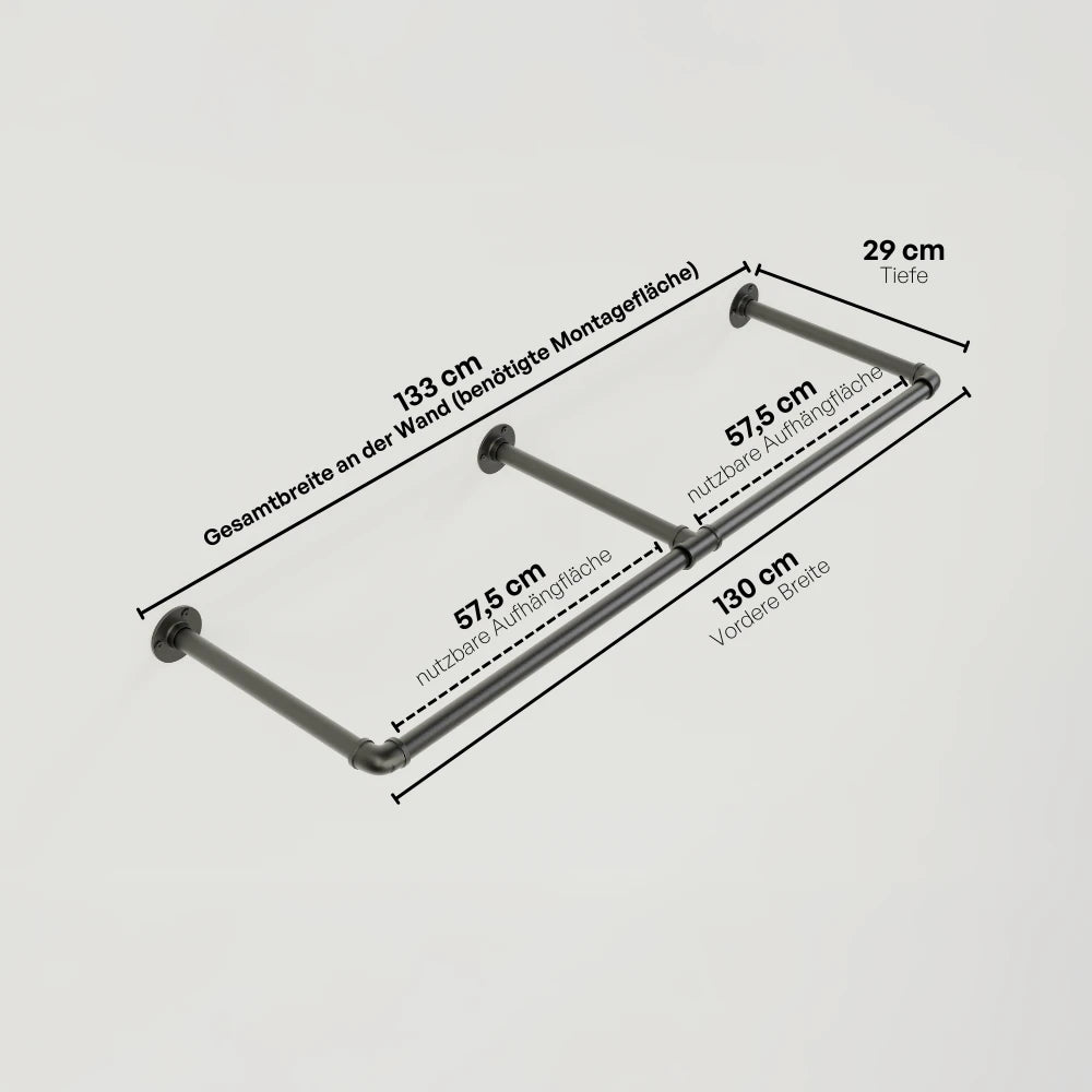 Kleiderstange wandmontiert schwarz - Modell Kaspar Double - Maßebild 133cm Breite|||49628204859656,50881534394632