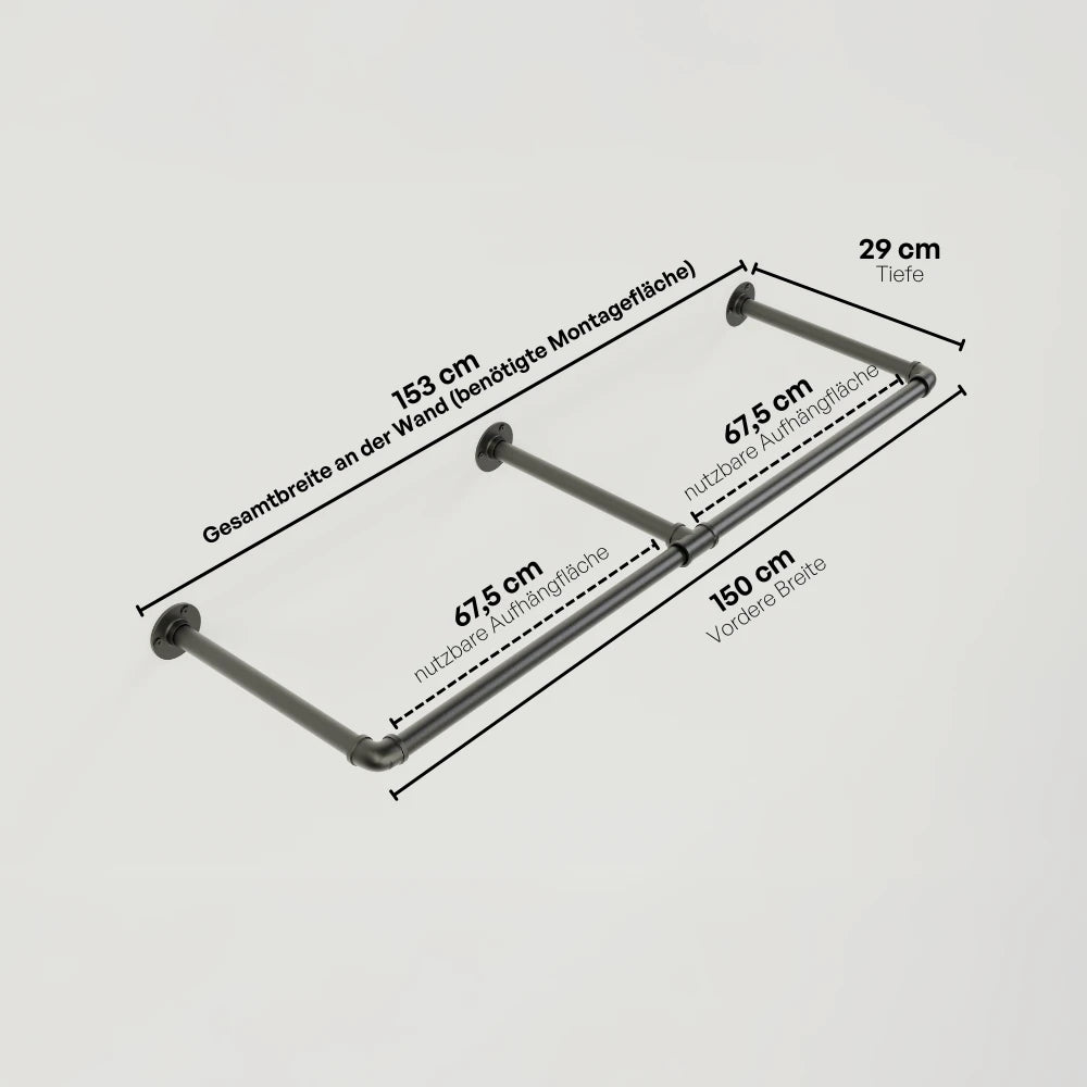 Kleiderstange wandmontiert schwarz - Modell Kaspar Double - Maßebild 153cm Breite|||44919871111432,50881534427400
