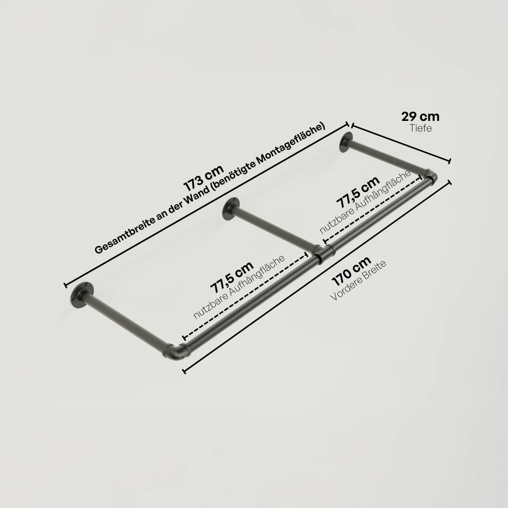 Kleiderstange wandmontiert schwarz - Modell Kaspar Double - Maßebild 173cm Breite|||49628204892424,50881534460168