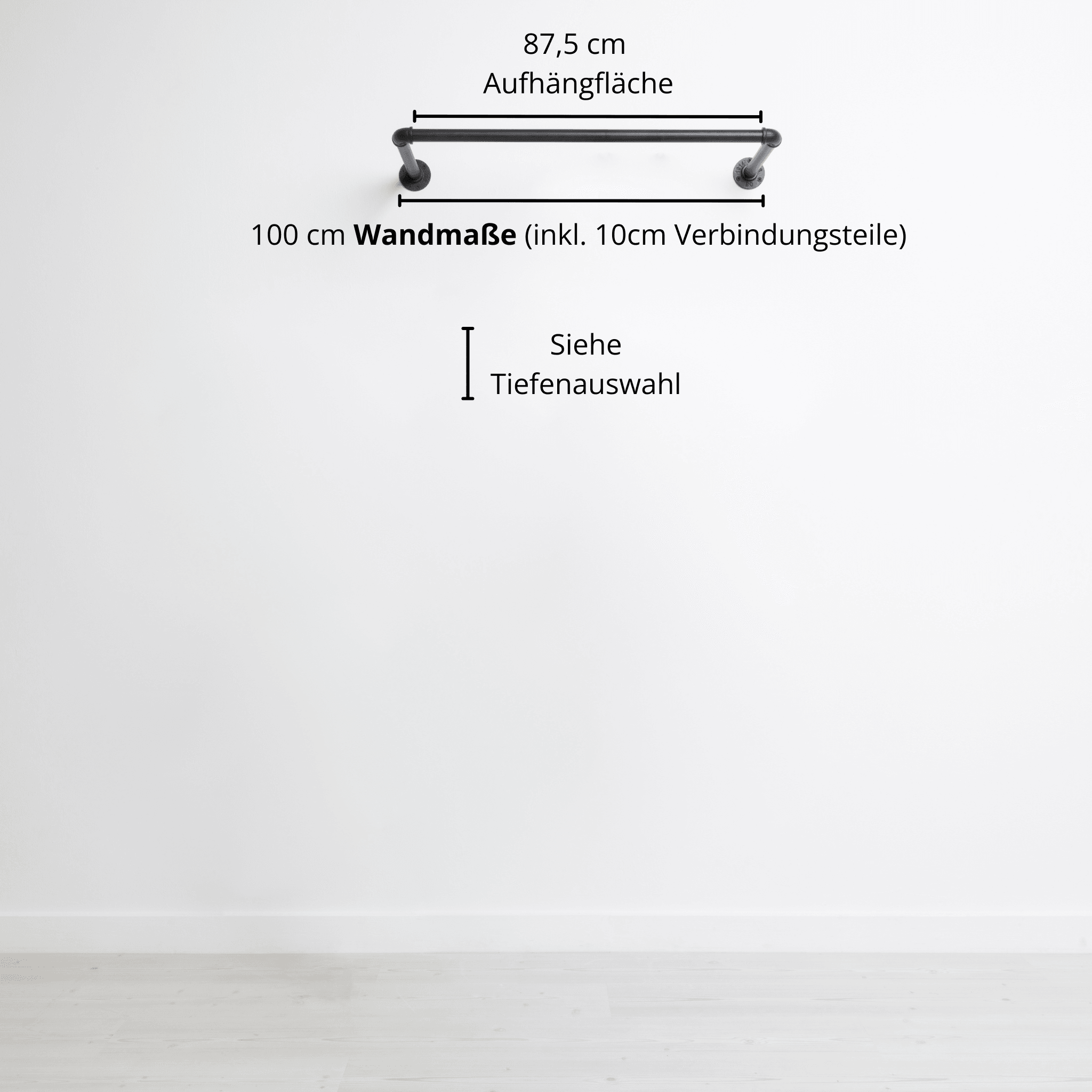 Kleiderstange wandmontiert schwarz - Modell Kaspar - Maßebild 100cm Breite|||44645924864264,50338581872904,50338581905672,44645924897032