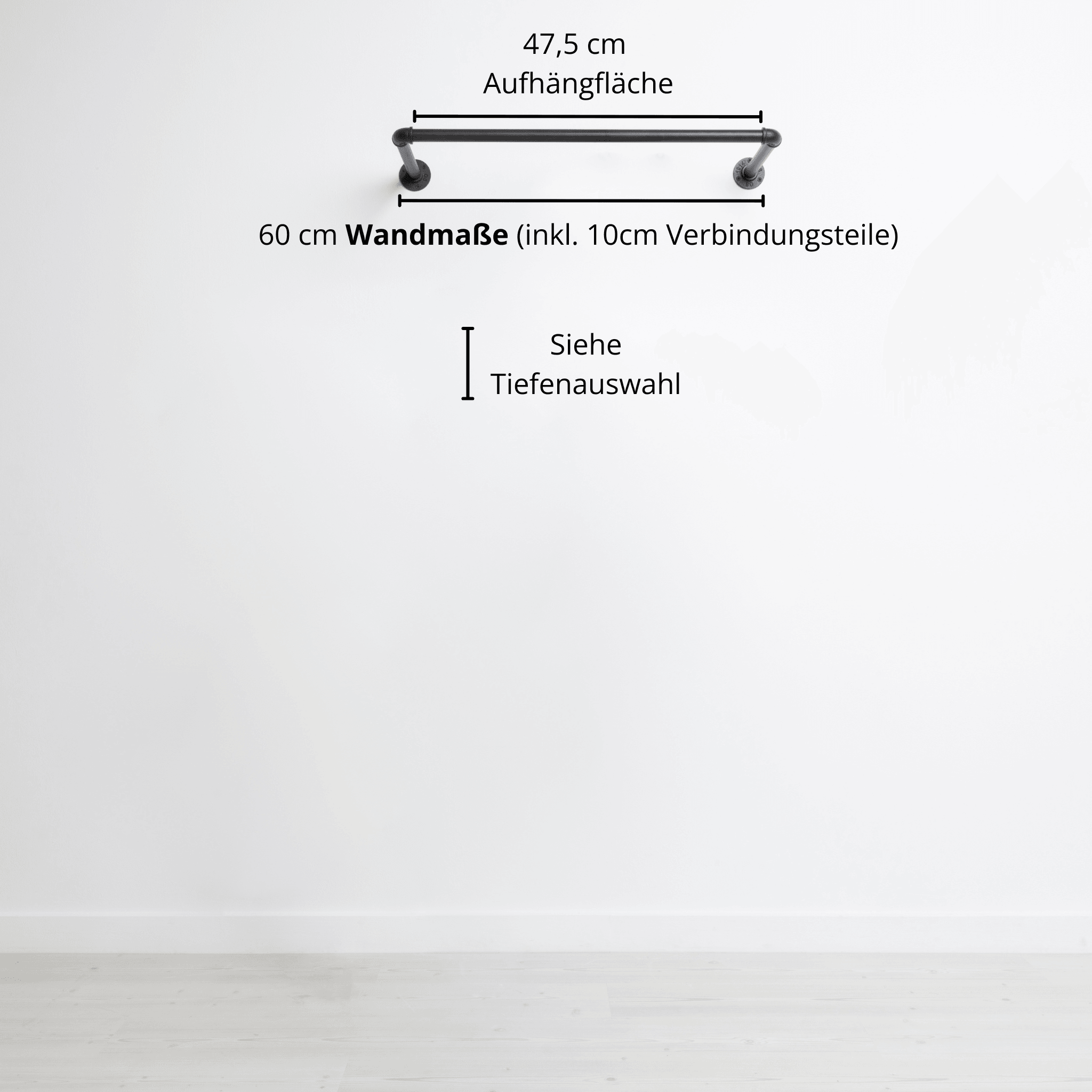 Kleiderstange wandmontiert schwarz - Modell Kaspar - Maßebild 60cm Breite|||44645924602120,5033858161076050338581643528,44645924634888