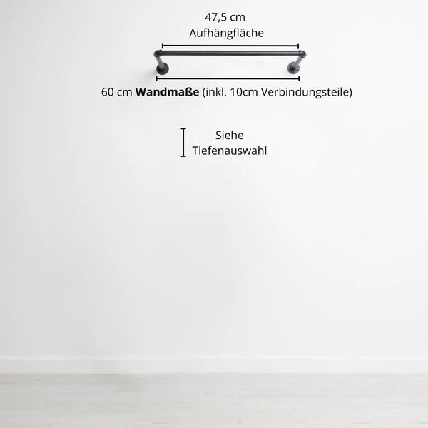 Kleiderstange wandmontiert schwarz - Modell Kaspar - Maßebild 60cm Breite|||44645924602120,50338581610760,50338581643528,44645924634888