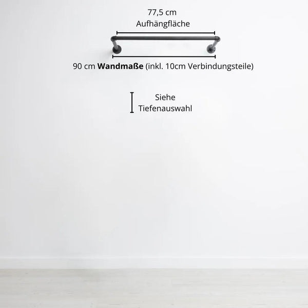 Kleiderstange wandmontiert schwarz - Modell Kaspar - Maßebild 90cm Breite|||44645924798728,50338581840136,50338581807368,44645924831496