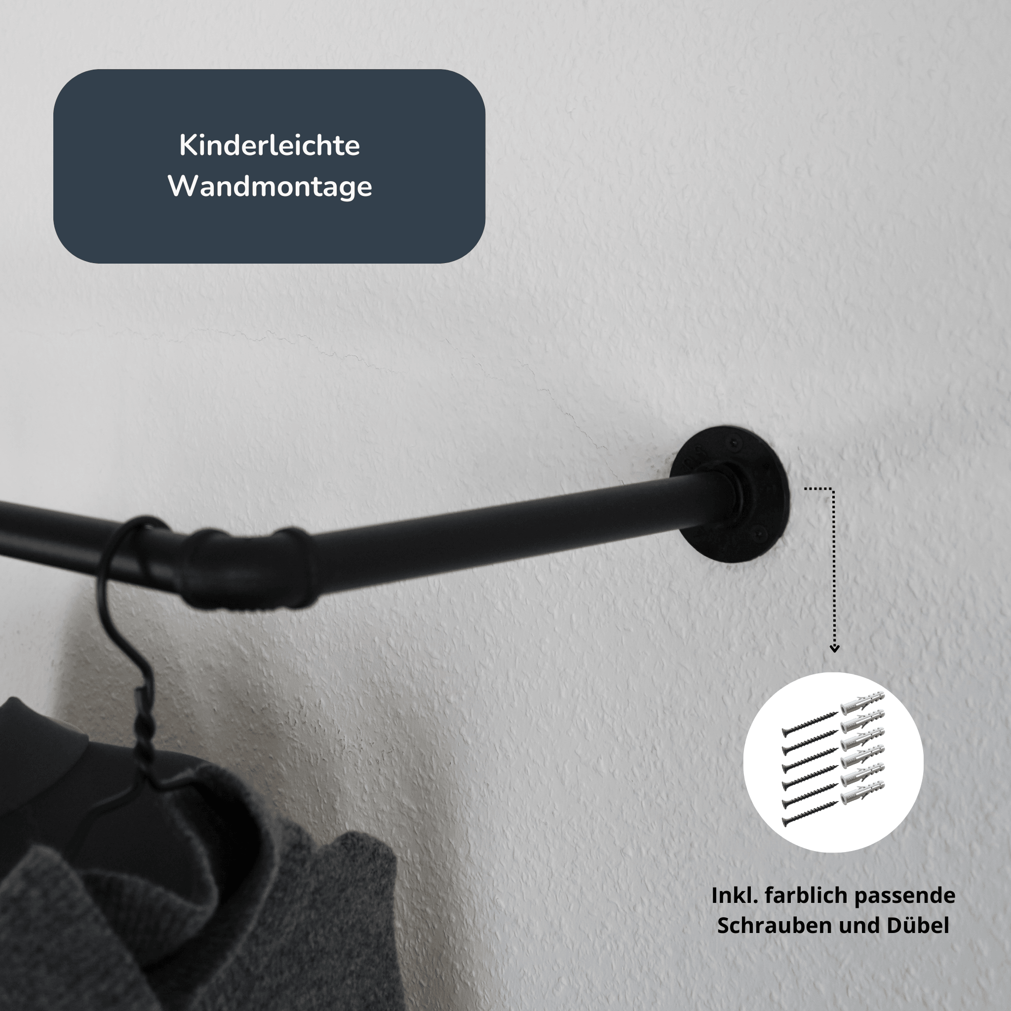 Kleiderstange wandmontiert schwarz - Nahansicht Wandbefestigung - Modell Kaspar:::schwarz