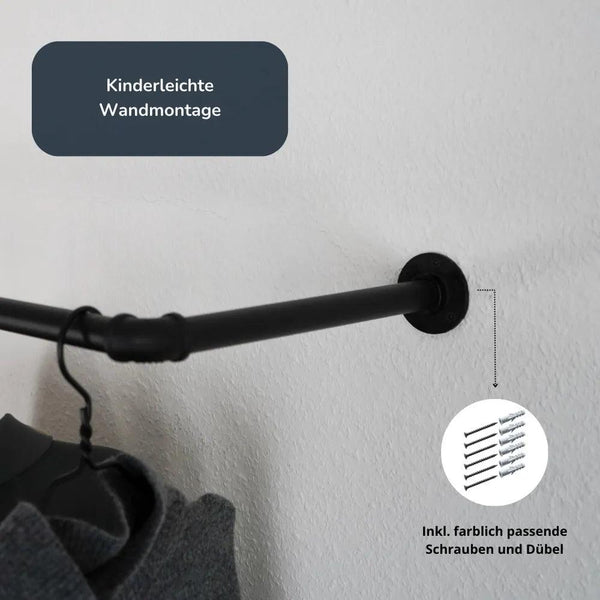 Kleiderstange wandmontiert schwarz - Nahansicht Wandbefestigung - Modell Kaspar:::schwarz