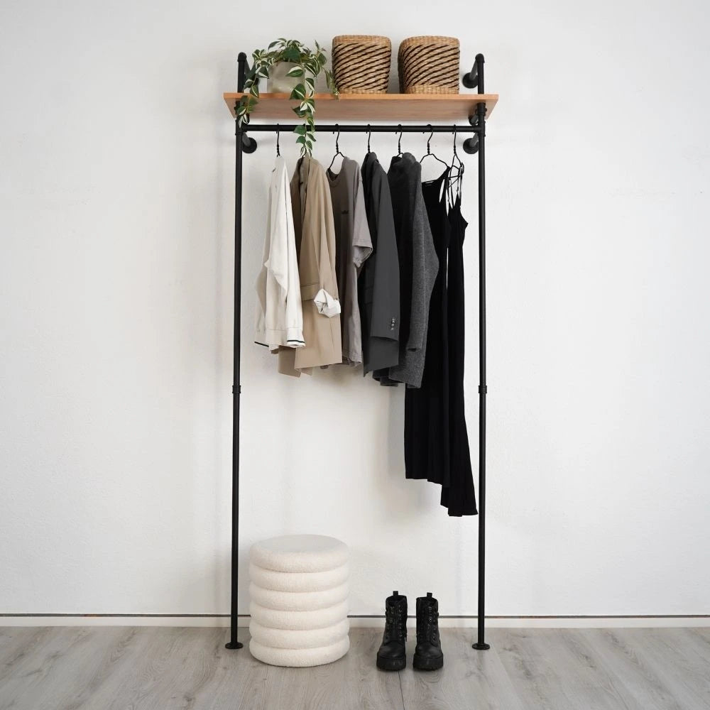 Kleiderstange mit Regalbrett - Schwarze Garderobe Frontalansicht - Modell Lisa|||51541622030600