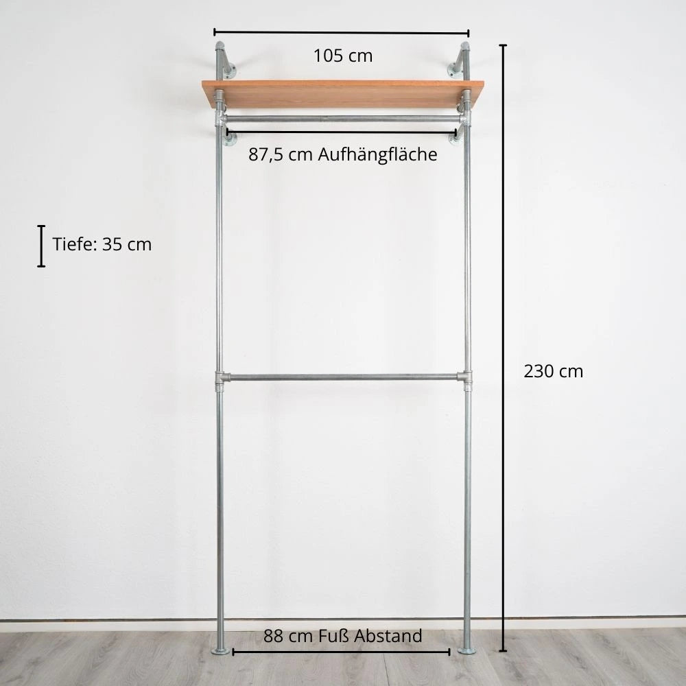 Kleiderstange mit Regalbrett - Helle Garderobe mit viel Stauraum Frontalansicht mit Maßen - Modell Lisa|||51541622128904