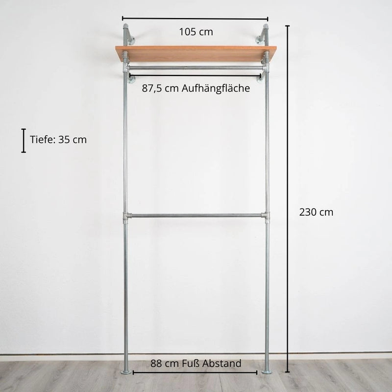Kleiderstange mit Regalbrett - Helle Garderobe mit viel Stauraum Frontalansicht mit Maßen - Modell Lisa|||51541622128904