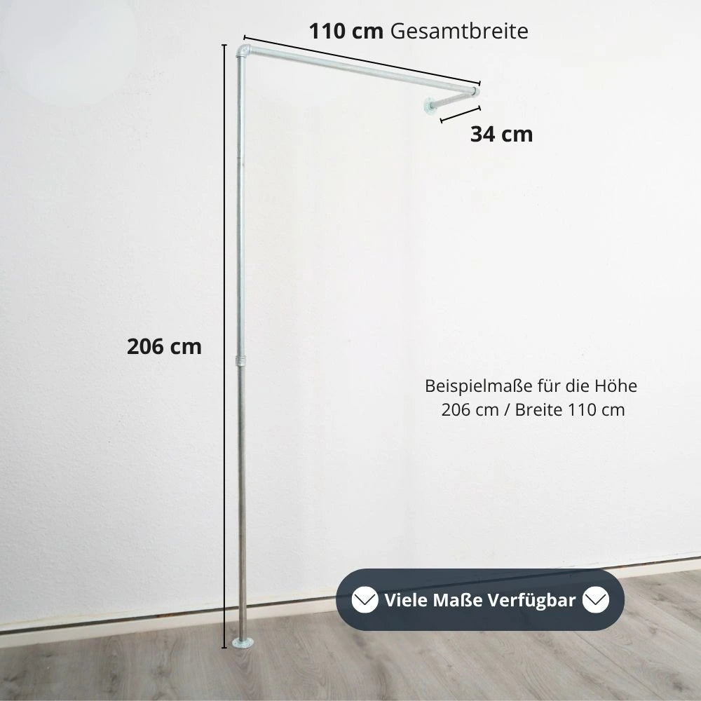 Industrielle Kleiderstange für den Eingangsbereich Silber - L-Form Modell Sven Bild mit Maßen
