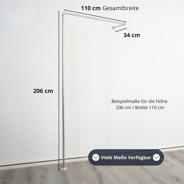 Industrielle Kleiderstange für den Eingangsbereich Silber - L-Form Modell Sven Bild mit Maßen
