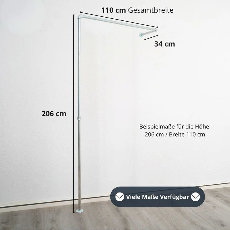 Industrielle Kleiderstange für den Eingangsbereich Silber - L-Form Modell Sven Bild mit Maßen
